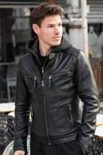 Black Leather Jacket with Hooded Skinny Fit - Image n°2