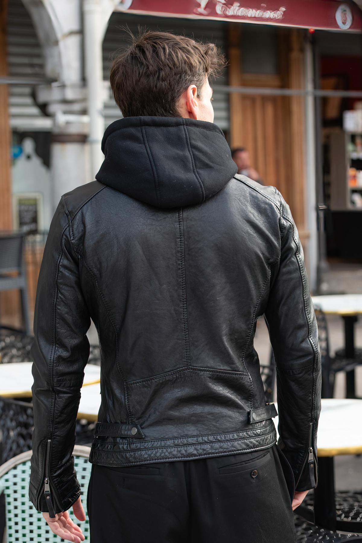 Black Leather Jacket with Hooded Skinny Fit - Image n°3