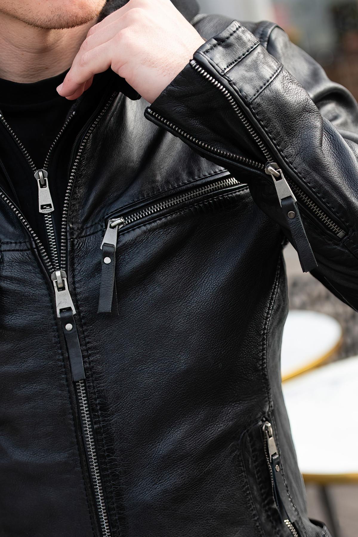 Black Leather Jacket with Hooded Skinny Fit - Image n°6