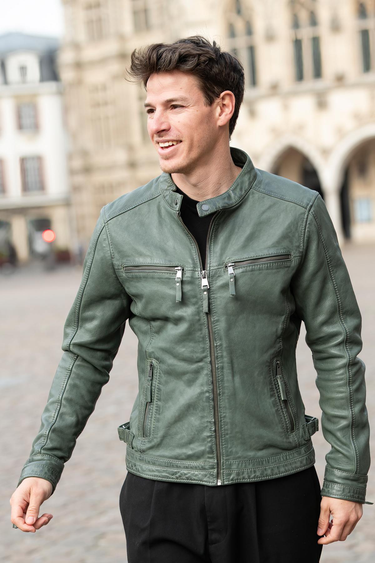 Skinny fit leather biker-collar jacket in cactus color - Image n°1