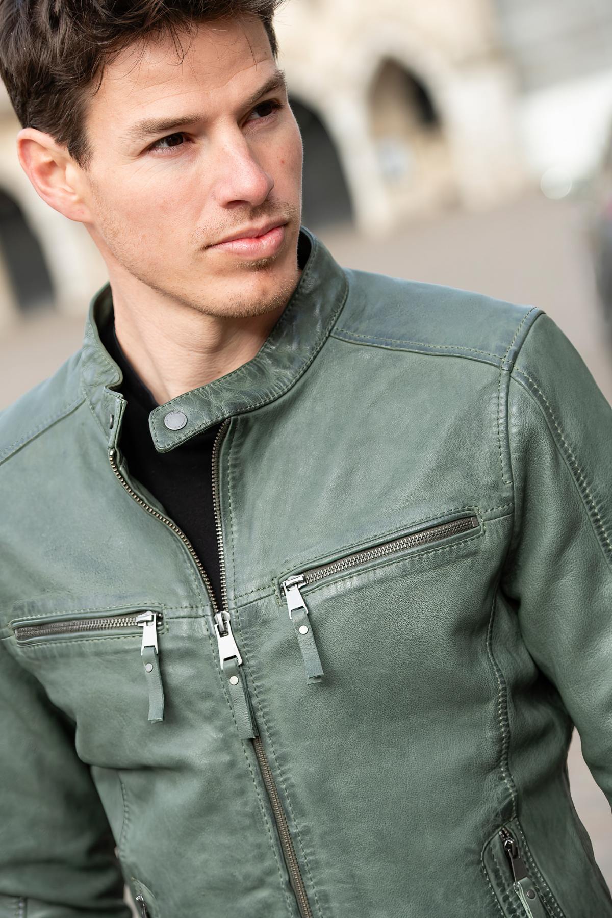 Skinny fit leather biker-collar jacket in cactus color - Image n°2