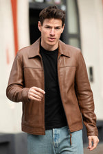 Cinnamon-colored, clean-lined, shirt-collar leather jacket - Image n°4