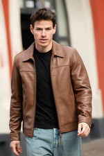 Cinnamon-colored, clean-lined, shirt-collar leather jacket - Image n°1