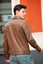 Cinnamon-colored, clean-lined, shirt-collar leather jacket - Image n°5