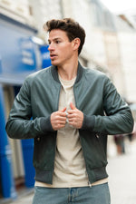 Bomber jacket in sleek opal blue leather - Image n°7