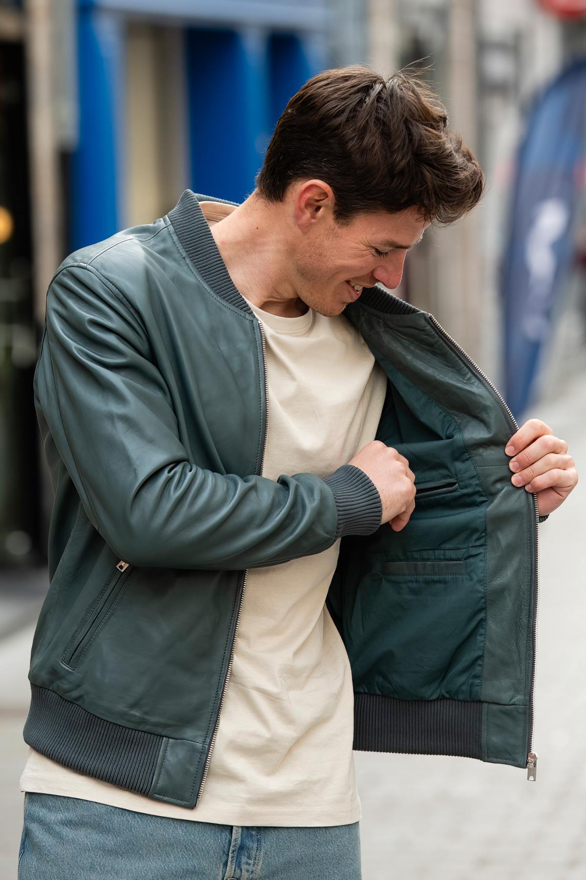 A slim opal blue lambskin jacket, soft and sharp for timeless wear. - Image n°6