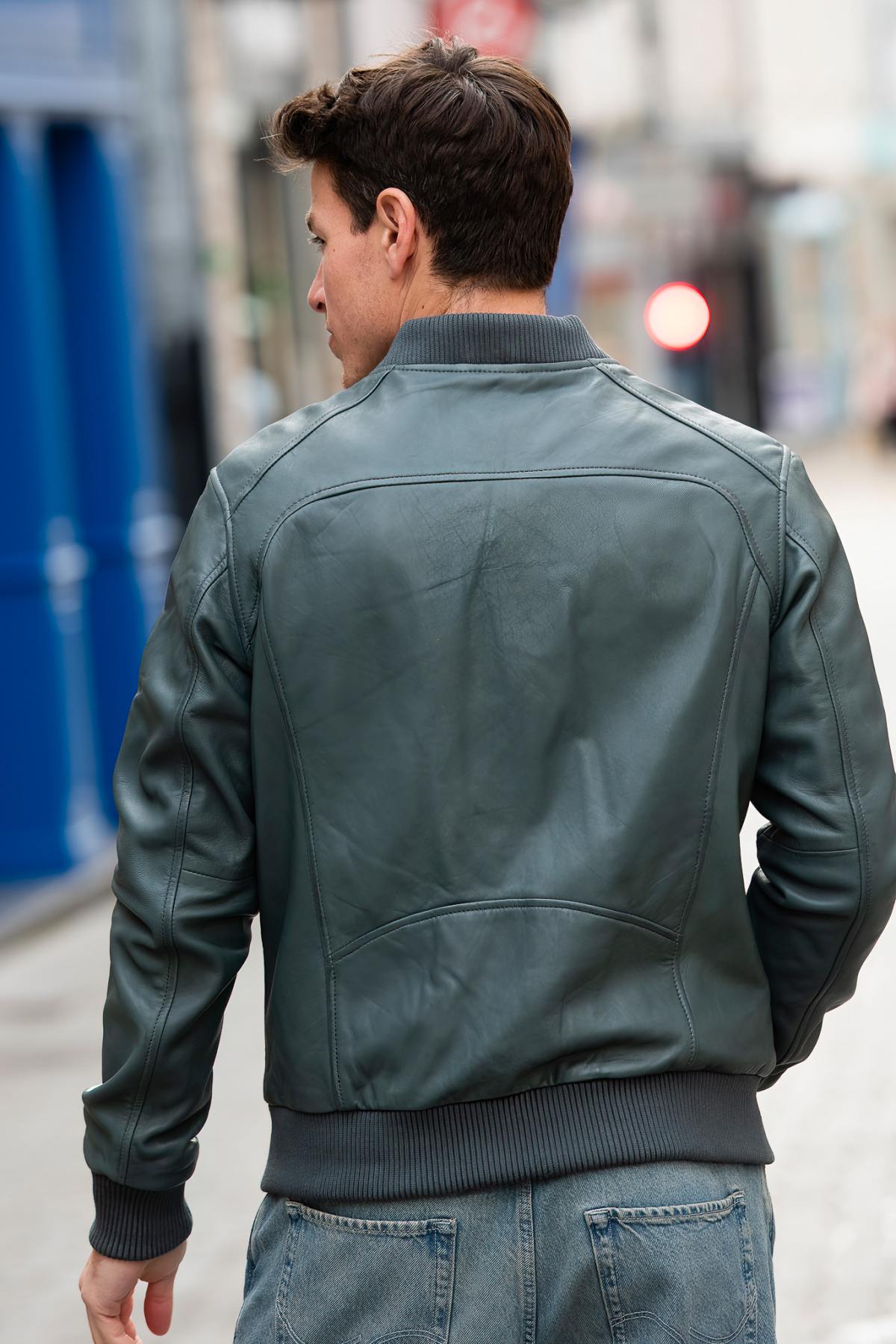 A slim opal blue lambskin jacket, soft and sharp for timeless wear. - Image n°2