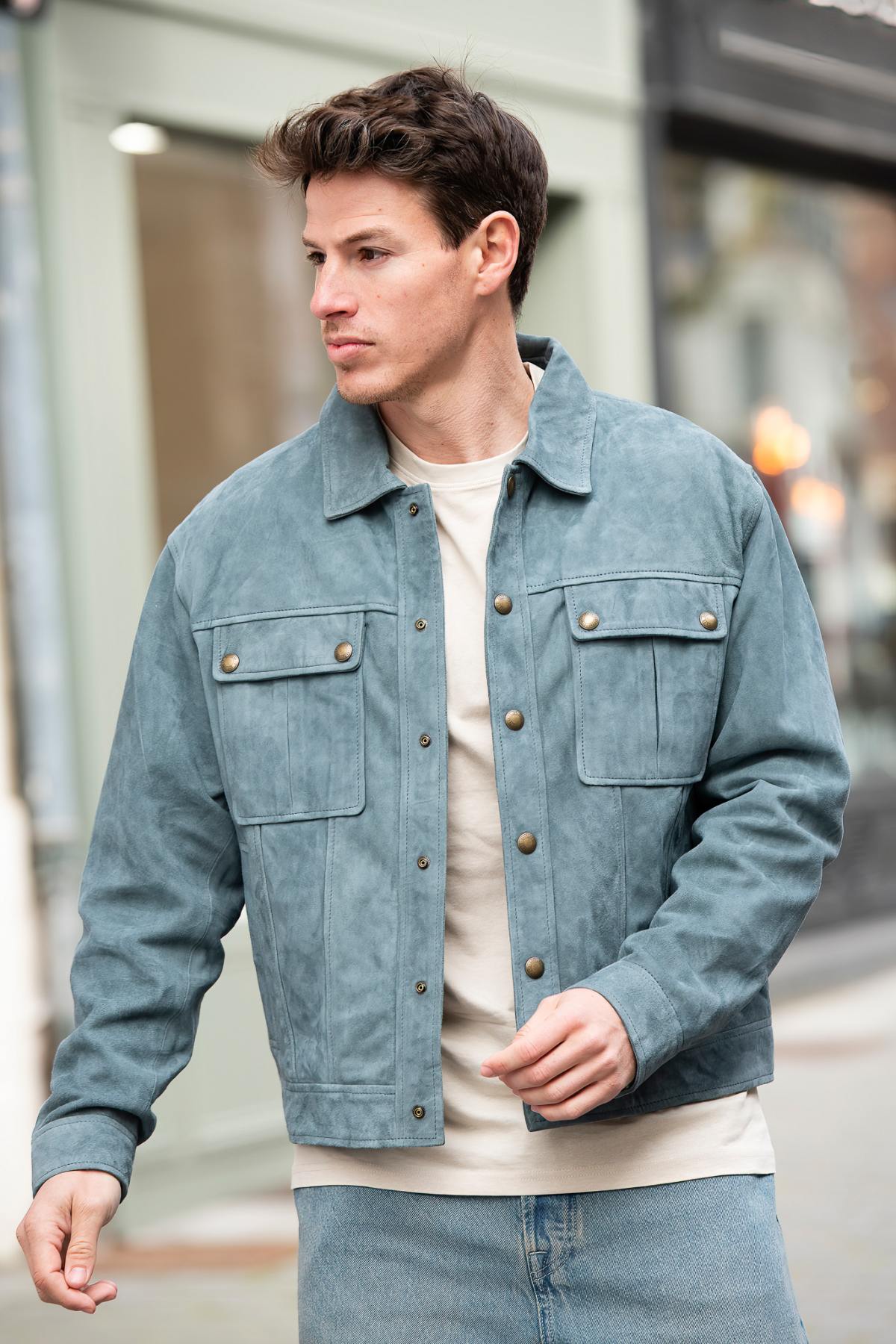Men's opal blue suede leather jacket - Image n°1