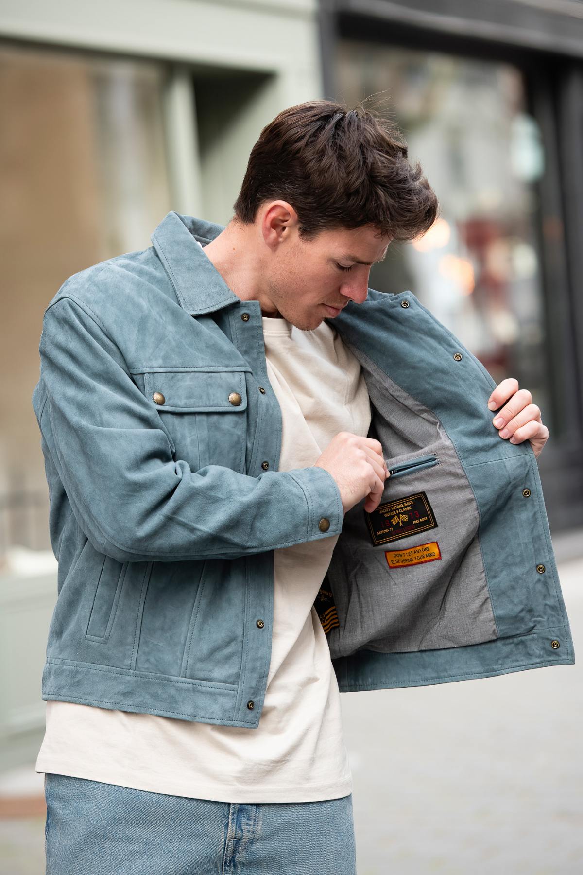 Men's opal blue suede leather jacket - Image n°3