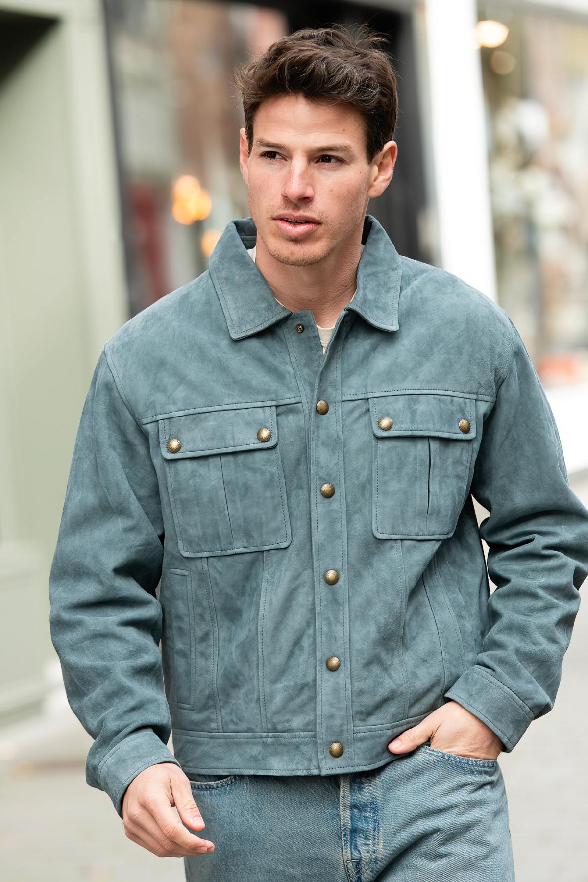 Men's opal blue suede leather jacket - Image n°6
