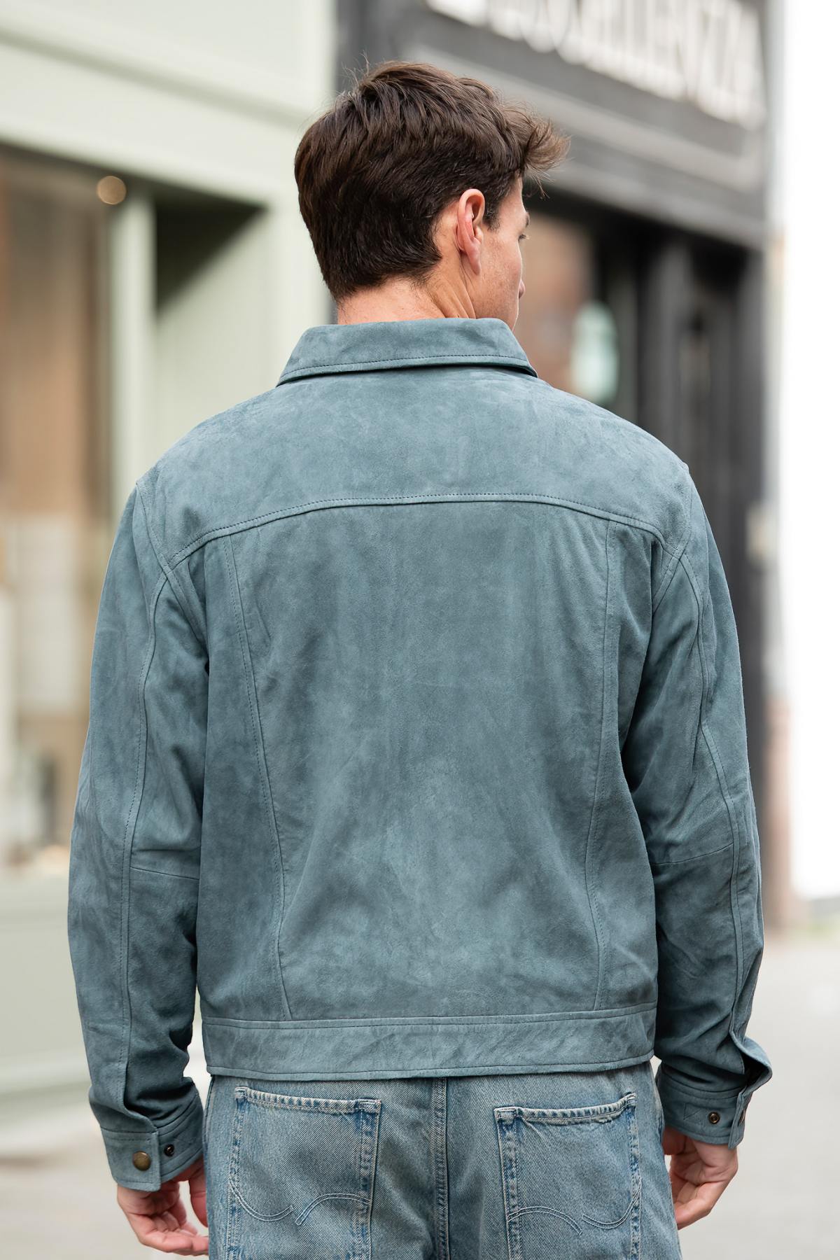 Men's opal blue suede leather jacket - Image n°4