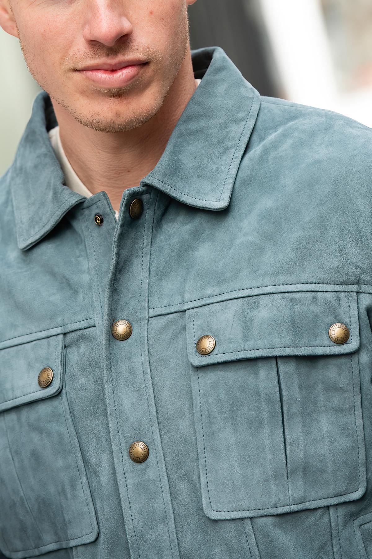 Men's opal blue suede leather jacket - Image n°2
