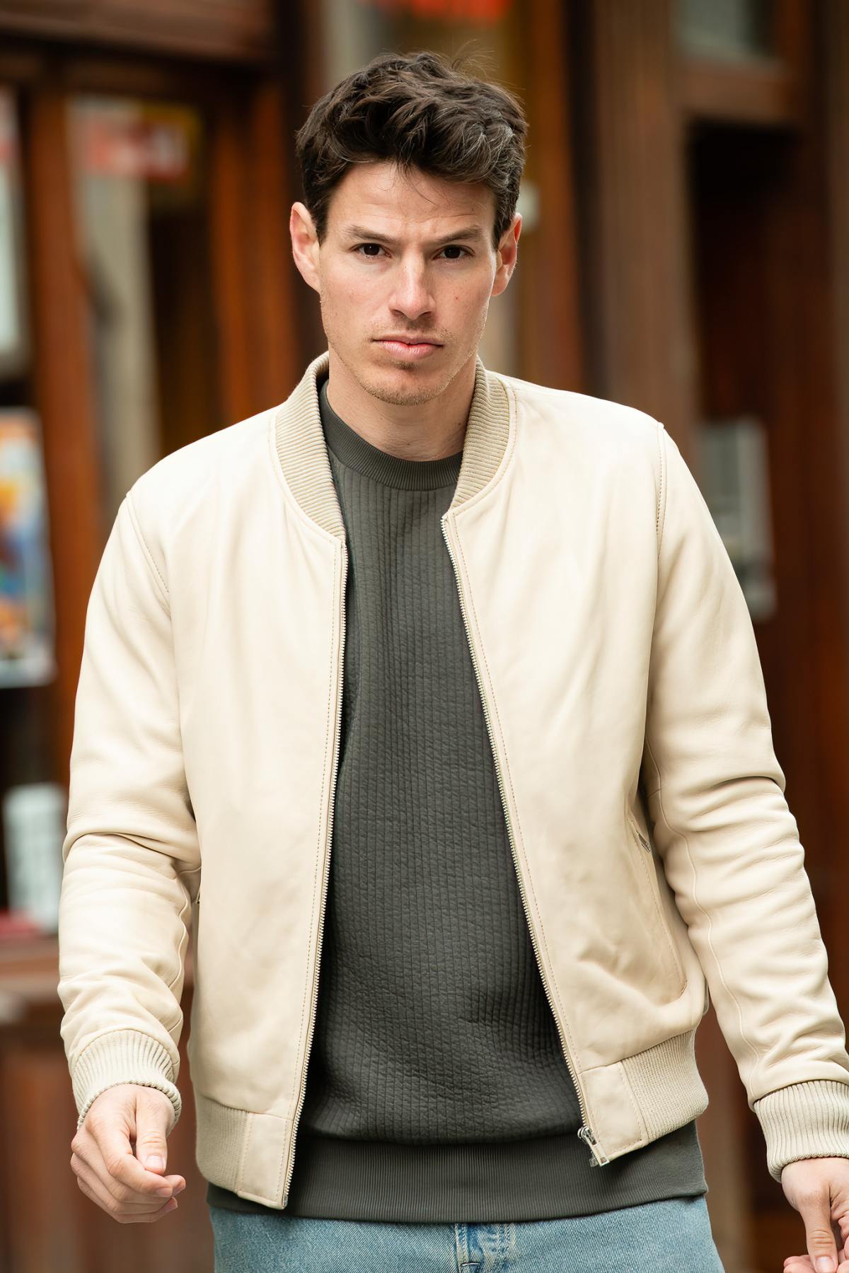 men's off-white leather bomber jacket - Image n°1