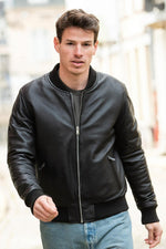 Black leather bomber jacket for men - Image n°1