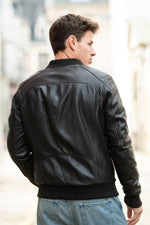 Black leather bomber jacket for men - Image n°3