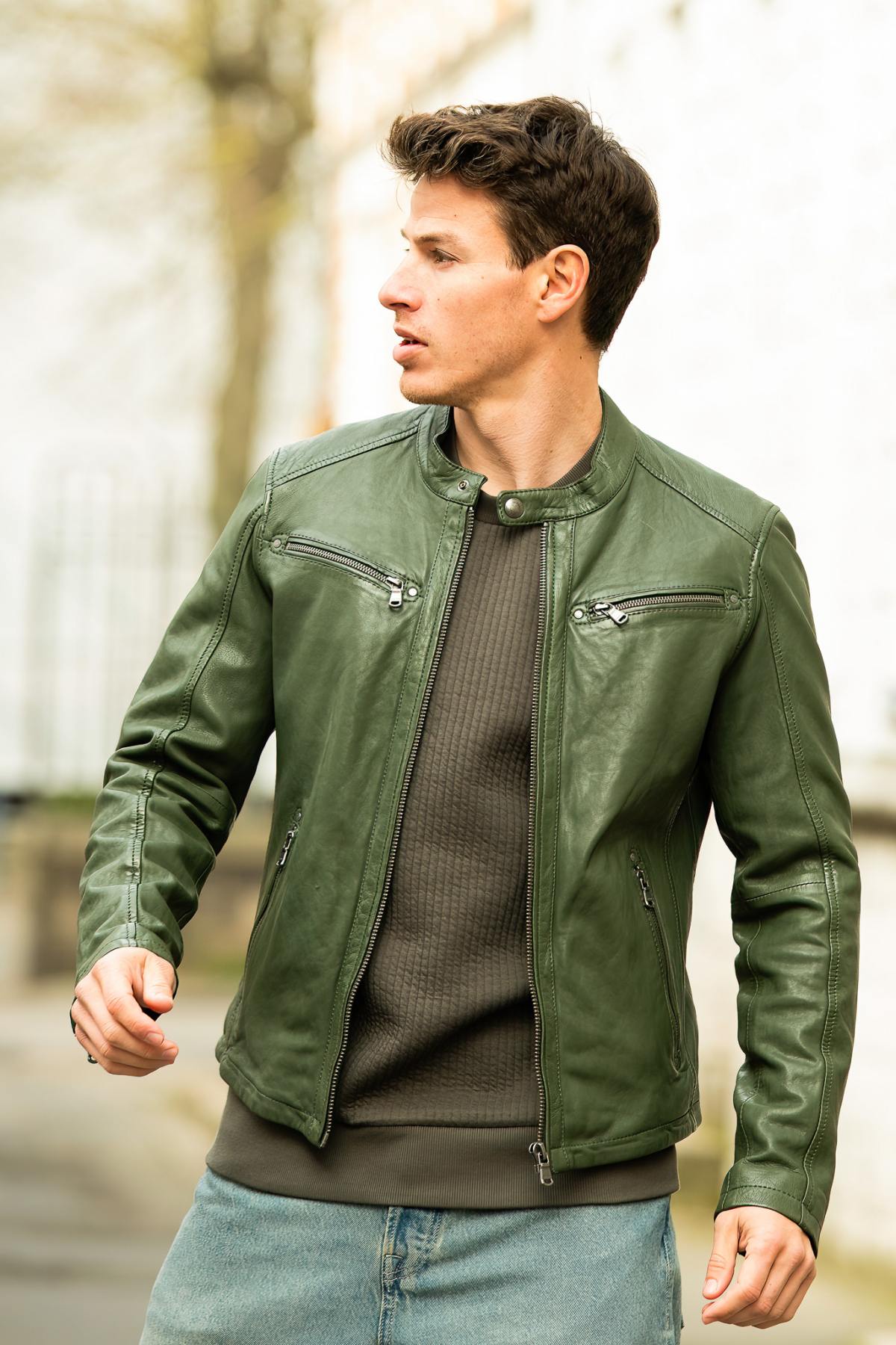 Green leather biker collar jacket - Image n°1