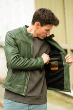 Green leather biker collar jacket - Image n°4