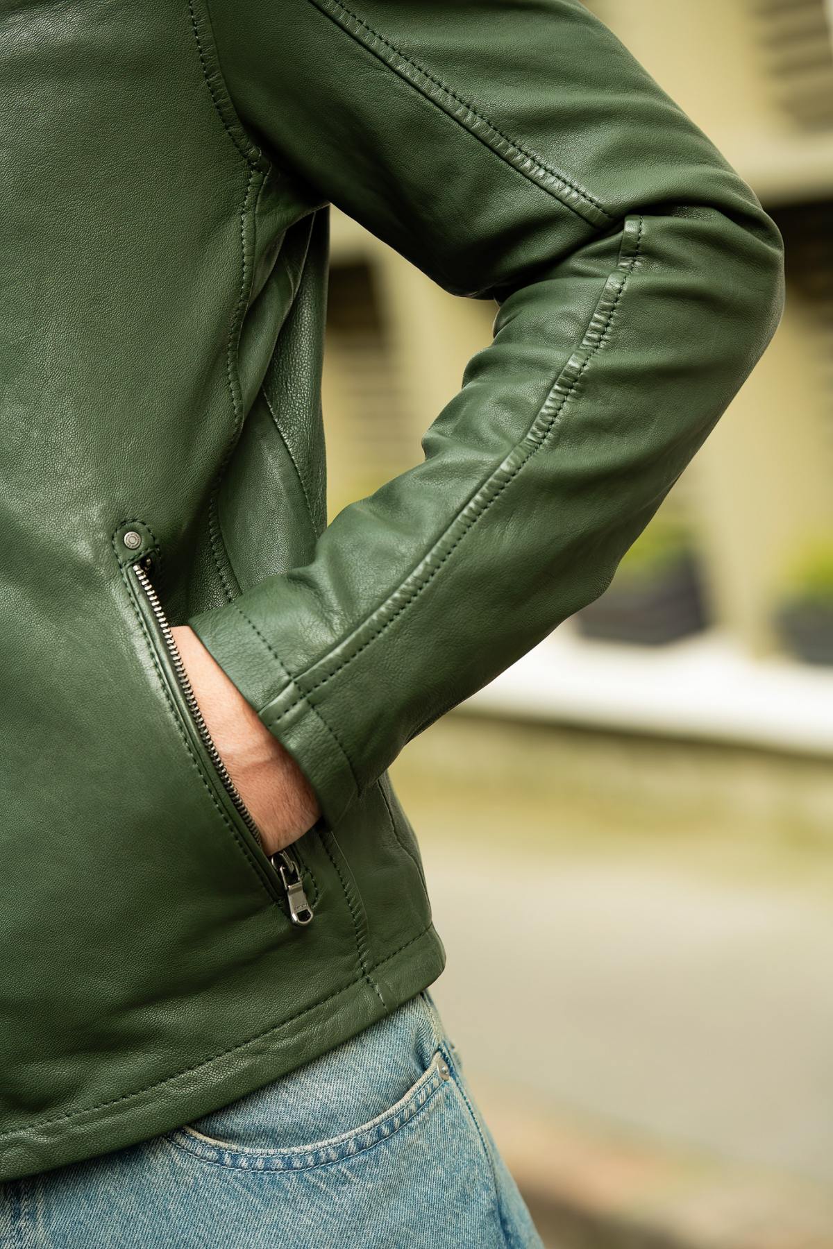 Green leather biker collar jacket - Image n°6