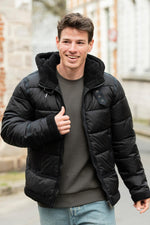 Black bomber-style textile down jacket - Image n°1