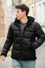 Black bomber-style textile down jacket - Image n°6