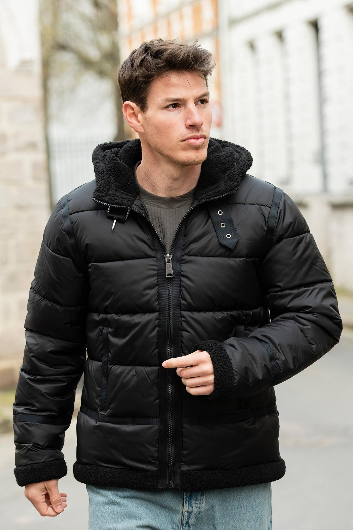 Black bomber-style textile down jacket - Image n°2