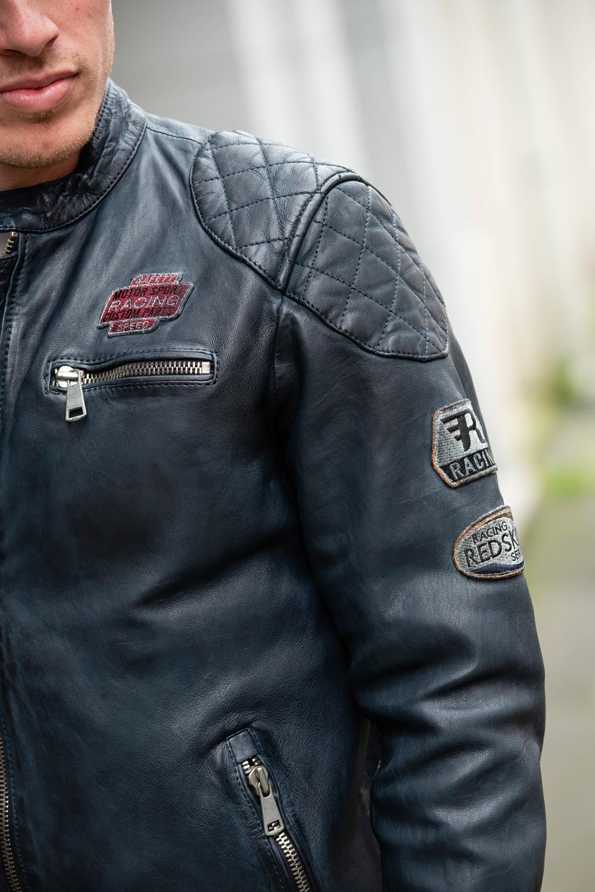 Bold lambskin jacket in ocean blue. Slim fit with six racing badges. - Image n°6