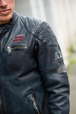 Bold lambskin jacket in ocean blue. Slim fit with six racing badges. - Image n°6
