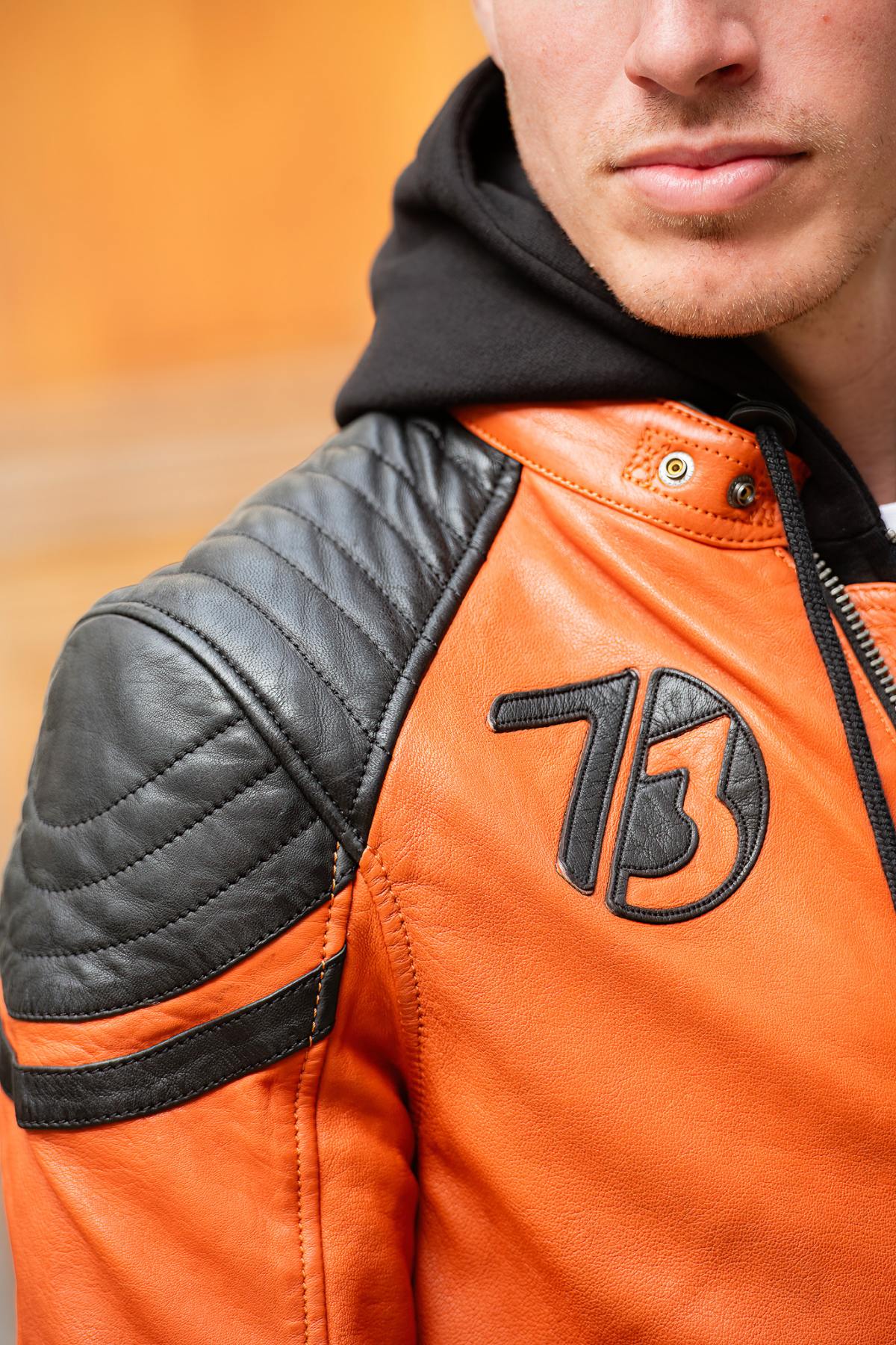 Burnt orange lambskin jacket with biker hood and waist-cut fit. - Image n°2
