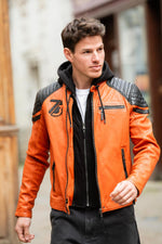 Orange hooded biker jacket with shoulder stitching - Image n°1
