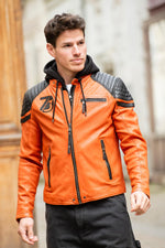 Burnt orange lambskin jacket with biker hood and waist-cut fit. - Image n°3