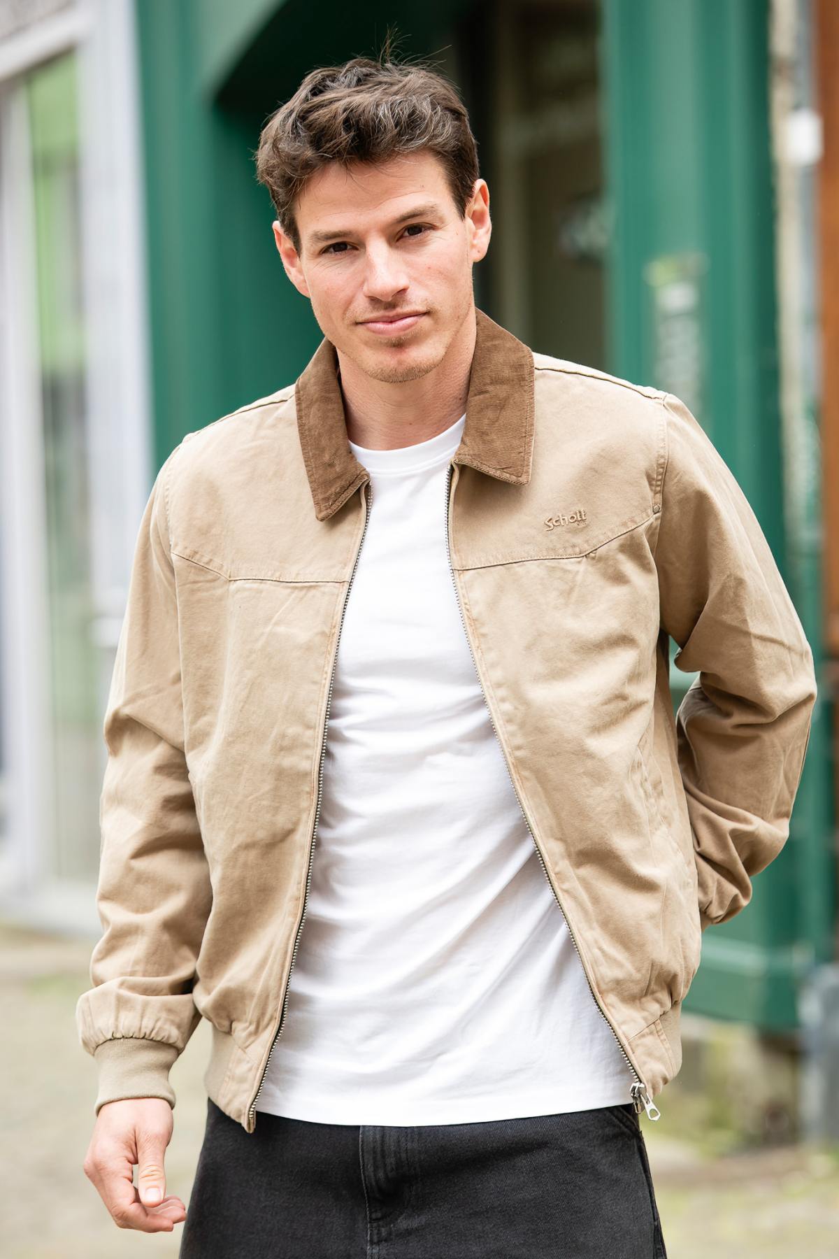 Taupe cotton shirt-collar jacket with brown collar - Image n°3