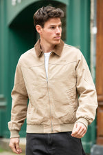 Taupe cotton shirt-collar jacket with brown collar - Image n°1