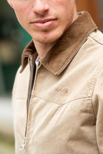 Taupe cotton shirt-collar jacket with brown collar - Image n°2