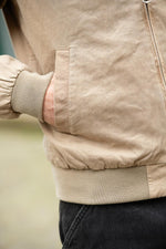 Taupe cotton shirt-collar jacket with brown collar - Image n°6