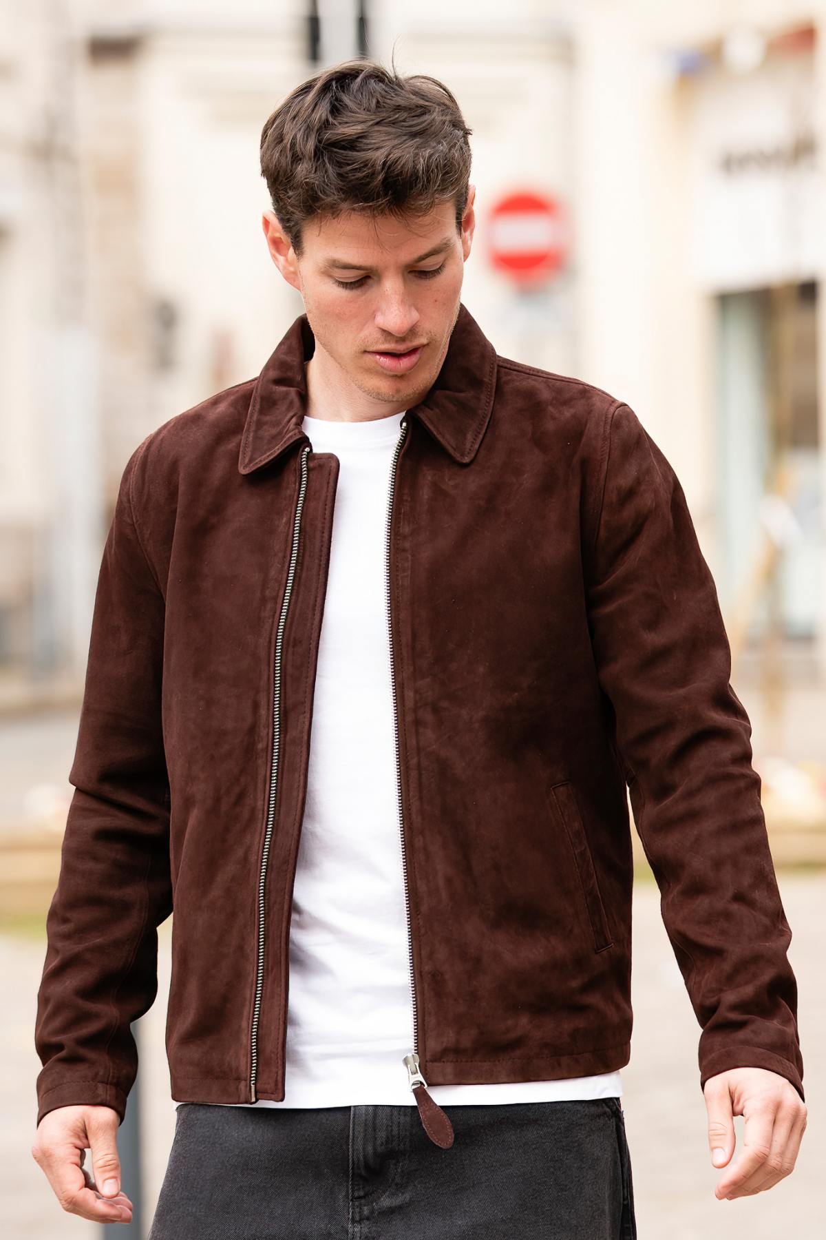 Lightweight goatskin suede jacket by Schott, dark brown and timeless. - Image n°6