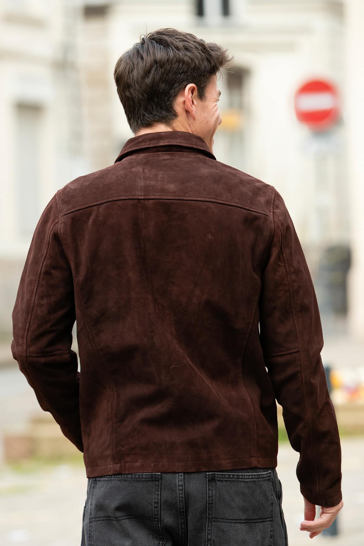 Lightweight goatskin suede jacket by Schott, dark brown and timeless. - Image n°3