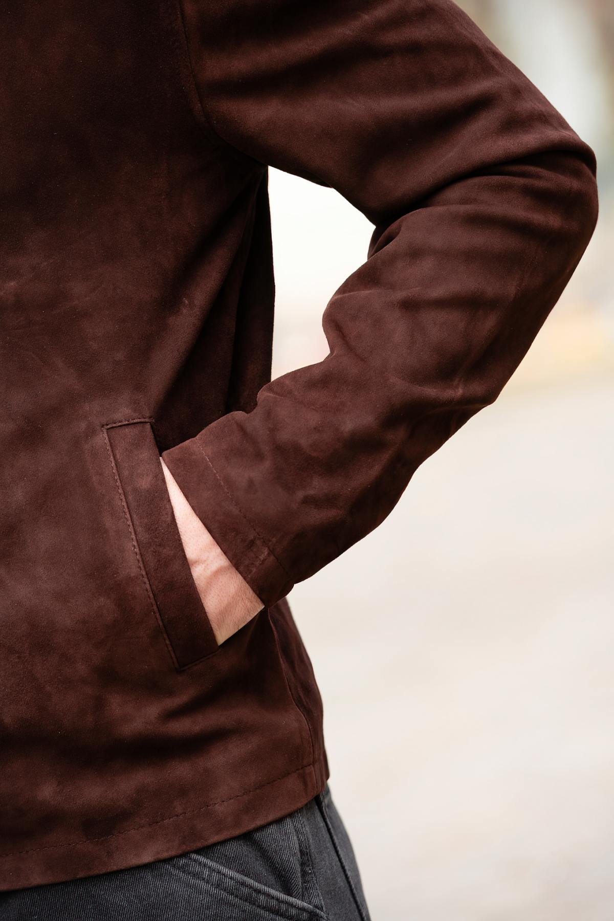 Lightweight goatskin suede jacket by Schott, dark brown and timeless. - Image n°7