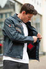 Racing-style sheepskin leather jacket in ocean blue, sleek and urban. - Image n°7