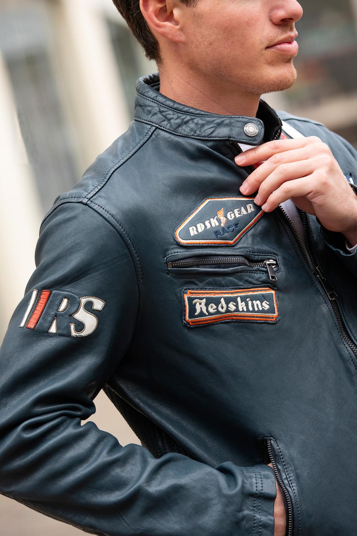 Racing-style sheepskin leather jacket in ocean blue, sleek and urban. - Image n°6