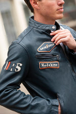 Racing-style sheepskin leather jacket in ocean blue, sleek and urban. - Image n°6