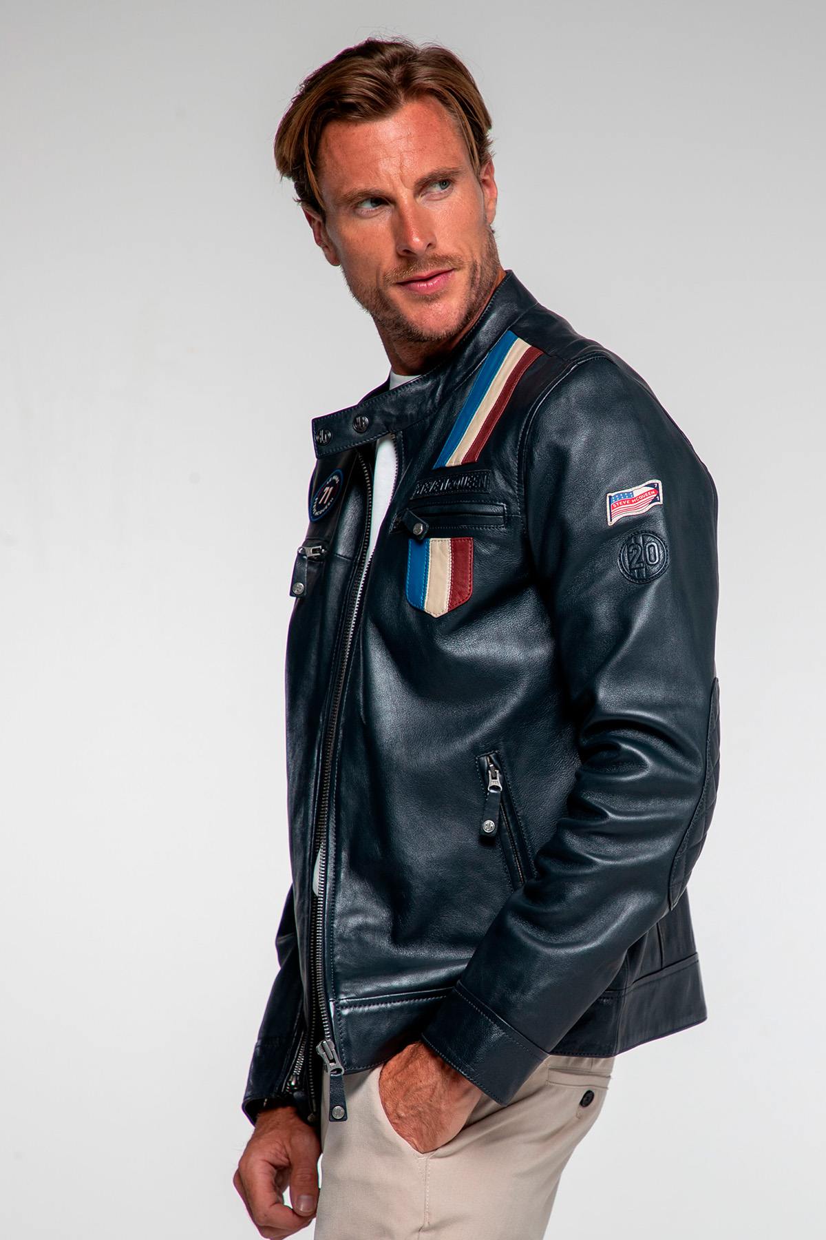 Steve McQueen licensed navy blue leather jacket - Image n°4