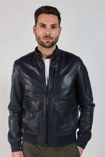 Navy blue multi-pocket leather bomber jacket - Image n°1