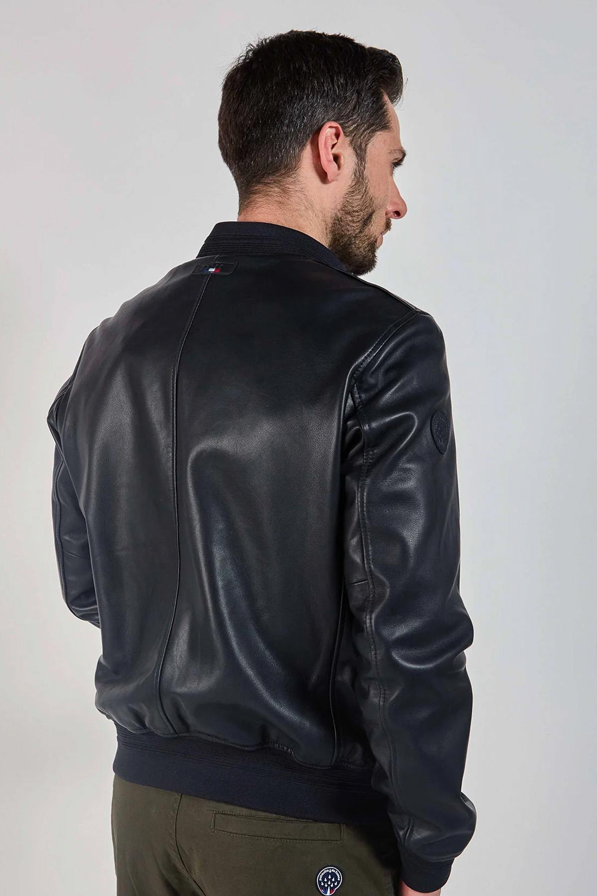 Navy blue multi-pocket leather bomber jacket - Image n°2