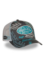 Grey and blue mesh cap with multiple printed and embroidered logos - Image n°1