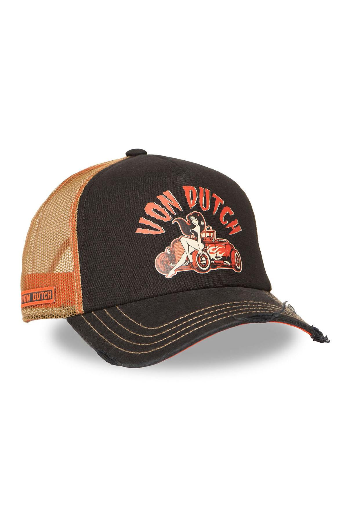 Black and orange trucker cap with illustrated logo - Image n°1