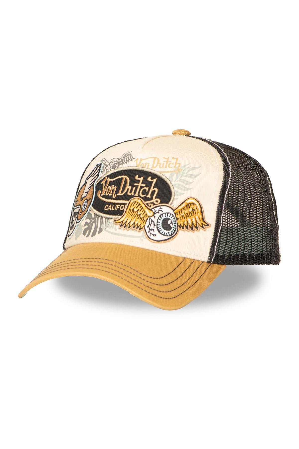 Black, beige, and yellow trucker cap with Von Dutch patches - Image n°1