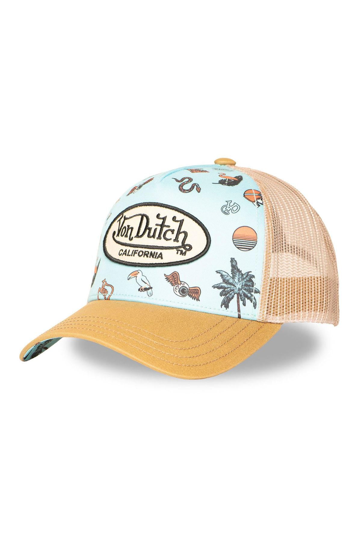 Pastel blue and yellow mesh cap with summery illustrations - Image n°1