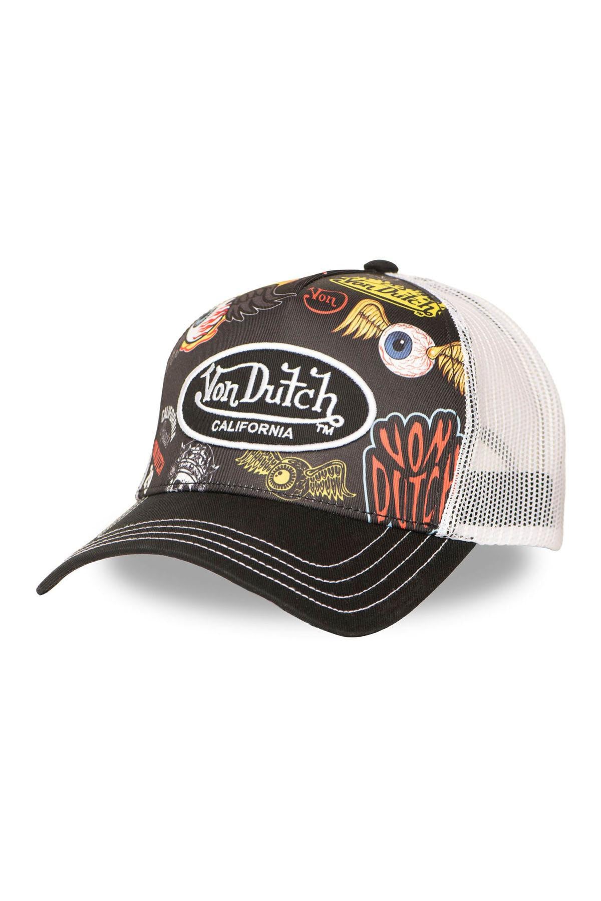 Black and white mesh cap with illustrated pattern - Image n°1