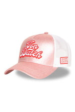 Pink and white mesh cap with pop-style logo - Image n°1