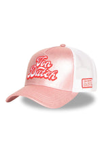 Pink and white mesh cap with pop-style logo - Image n°1